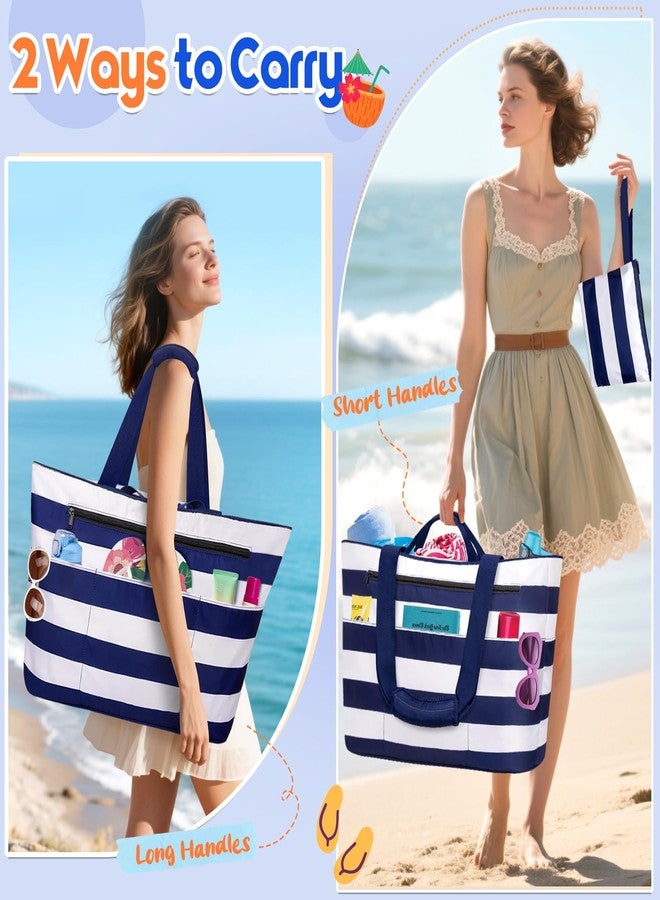 BKNOOU Extra Large Beach Bags Waterproof Sandproof XL Beach Tote Bag for Women Zipper Foldable Swim Pool Bag with Wet Pocket (Blue White) - Image 2